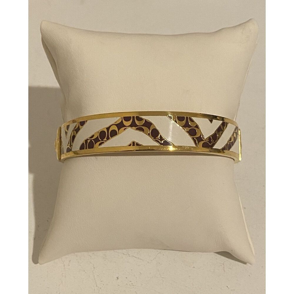 Coach Gold Tone Signature Bangle Bracelet Stripes White With Logo